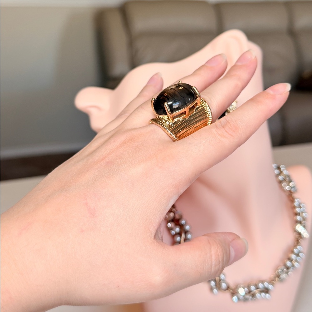 Gold Wide Band Ring with Smoky Gray Cabochon - Picture 4 of 8